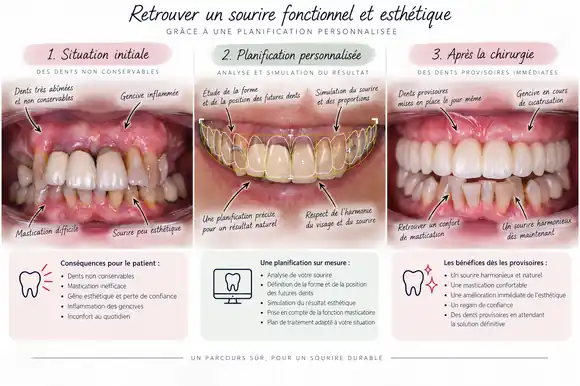 Réhabilitation complète : situation initiale, planification personnalisée et dents provisoires immédiates